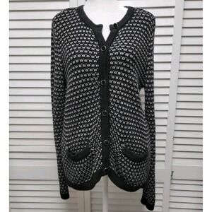 Banana Republic SZ M Black & Gray Cardigan Silver Metallic Thread Enamel Buttons
